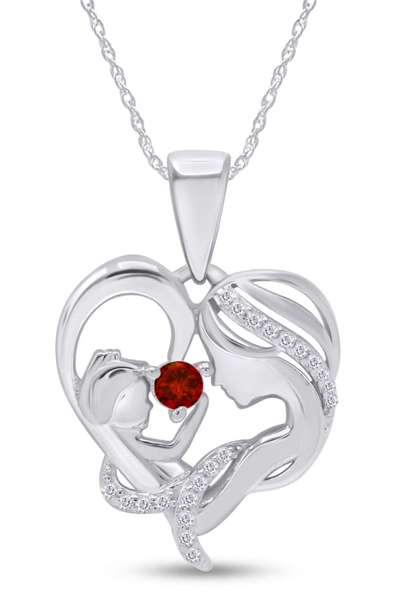 Garnet & White Cubic Zirconia Mom Heart Pendant Necklace 14k White Gold over Silver