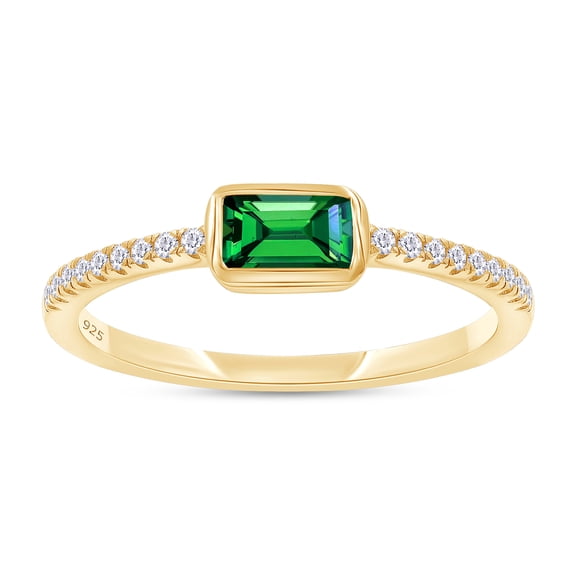 AFFY Half-Eternity Engagement Ring, 3X5MM Radiant Shape Zambian Emerald Lab Grown Gemstone & Created Moissanite Wedding Promise Ring In 14K Yellow Gold Over Sterling Silver(0.35 Cttw)-7.5
