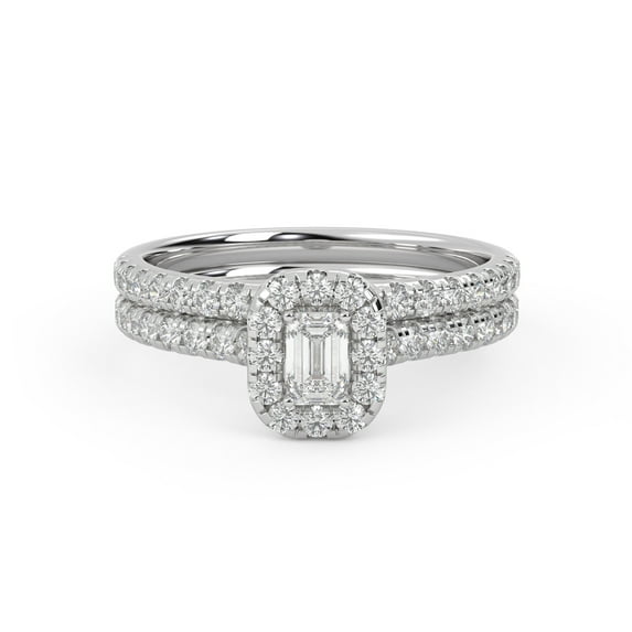 AFFY Half Eternity Halo Bridal Set Rings for Women, 0.95 Carat (ctw) Emerald And Round Cut Lab Grown Diamond Engagement Wedding Ring 10K Solid White Gold F-G, VS-SI Quality -9.5