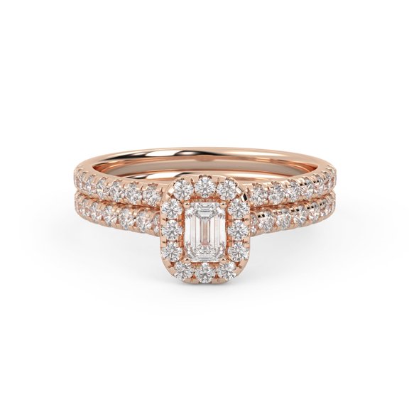 AFFY Half Eternity Halo Bridal Set Rings for Women, Center 4.5x3mm Emerald and Round cut Lab Created Moissanite Engagement Wedding Ring in 14K Rose Gold Over Sterling Silver Size-10