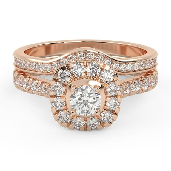 AFFY Half Eternity Halo Solitaire Bridal Set Ring for Women, 1.00 Carat (ctw) Round Cut Lab Grown Diamond Engagement Wedding Ring In 10K Solid Rose Gold F-G, VS-SI Quality -7.5
