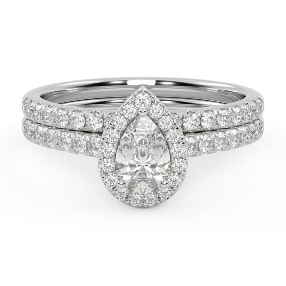 AFFY Half Eternity Teardrop Halo Solitaire Bridal Set Ring for Women, 0.80 Carat (ctw) Pear Cut Lab Grown Diamond Engagement Wedding Ring In 14K White Gold Over Sterling Silver F-G-H, SI Quality -4