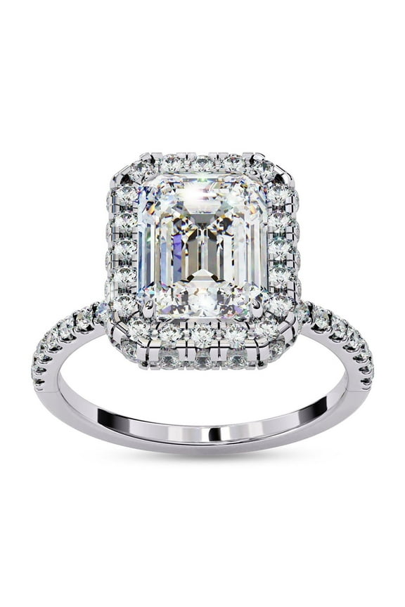 Halo Engagement Rings for Women |Center 8.5X6.5MM Emerald Cut Lab Created Moissanite Solitaire Promise Rings for Her in 14K White Gold Over Sterling Silver, Ring Size 4