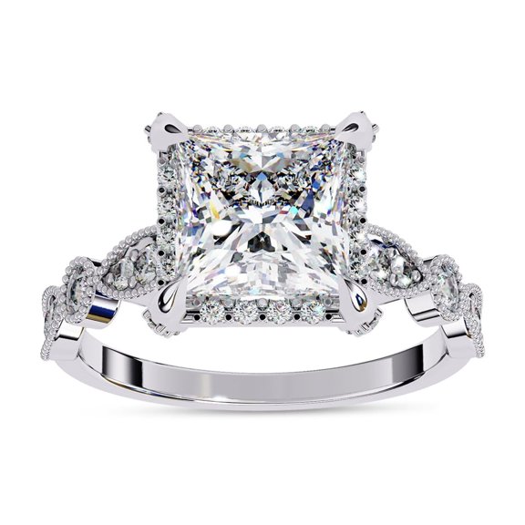 AFFY Halo Engagement Wedding Ring for Women Center 7MM Princess and Round Lab Created Moissanite Ring Jewelry Gift for Her In 14K White Gold Over Sterling Silver Size 7