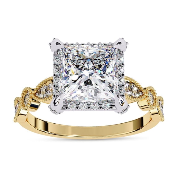 AFFY Halo Engagement Wedding Ring for Women Center 7MM Princess and Round Lab Created Moissanite Ring Jewelry Gift for Her In 14K Yellow Gold Over Sterling Silver Size 7