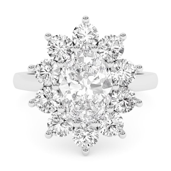 AFFY Halo Floral Style, 3.50 Carat (Ctw) Oval And Round Lab Created Moissanite Engagement Ring For Women In 14k Solid White Gold | VVS1 Quality Ring Size-9.5