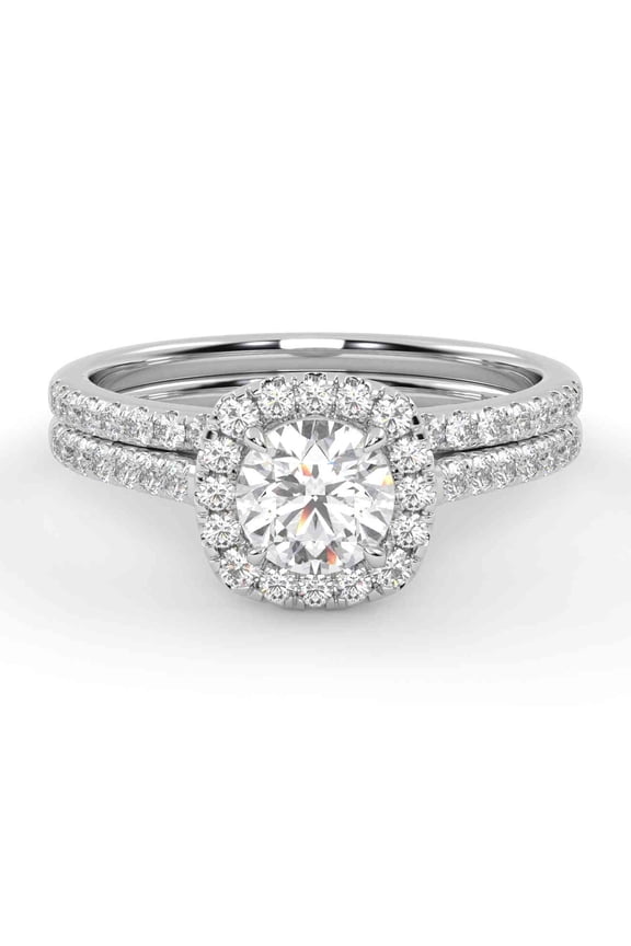 Halo Solitaire Bridal Ring Set, 1.10 Cttw Round cut Lab Grown Diamond Engagement Wedding Rings for Women in 14K Solid White Gold, Size-5.5