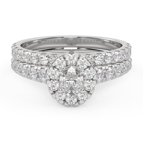 AFFY Halo Solitaire Bridal Ring Set for Women Center 4.5X3.5MM Oval Cut Lab Created Moissanite Engagement Rings With Half Eternity Band In 14K Solid White Gold Size 4