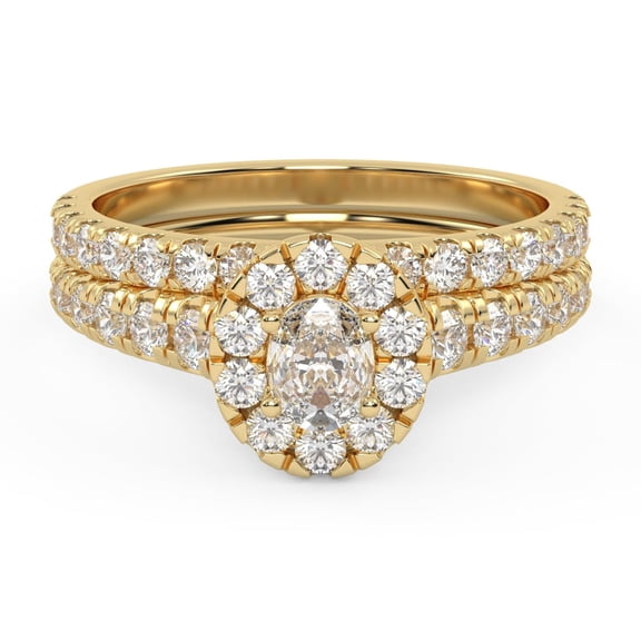 AFFY Halo Solitaire Bridal Ring Set for Women Center 4.5X3.5MM Oval Cut Lab Created Moissanite Engagement Rings With Half Eternity Band In 14K Solid Yellow Gold Size 7