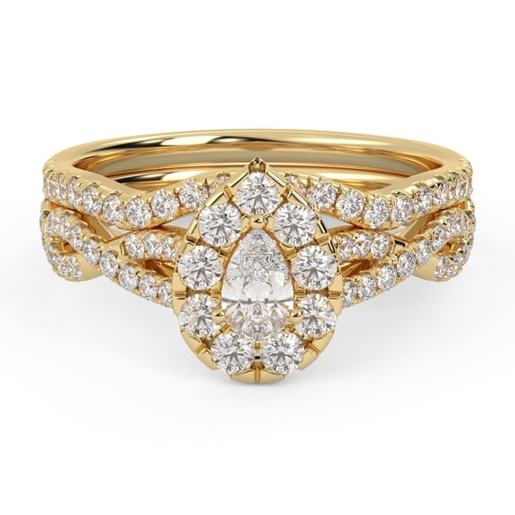 AFFY Halo Solitaire Bridal Ring Set for Women Center 5X3MM Pear Cut Lab Created Moissanite Twisted Infinity Engagement Rings With Matching Band Set In 14K Solid Yellow Gold Size 7