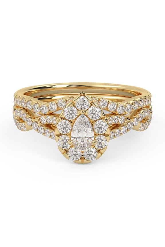 Halo Solitaire Bridal Ring Set for Women Center 5X3MM Pear Cut Lab Created Moissanite Twisted Infinity Engagement Rings With Matching Band Set In 14K Solid Yellow Gold Size 7