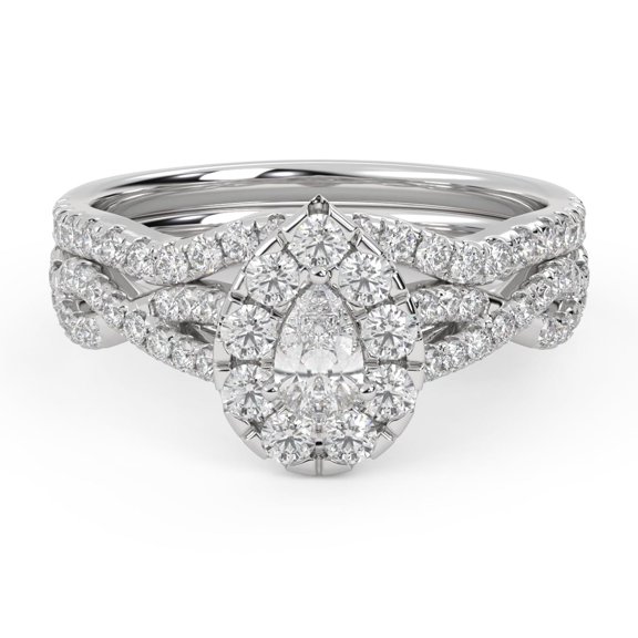 AFFY Halo Solitaire Bridal Ring Set for Women Center 5X3MM Pear Cut Lab Created Moissanite Twisted Infinity Engagement Rings With Matching Band Set In 14K White Gold Over Sterling Silver Size 4.5