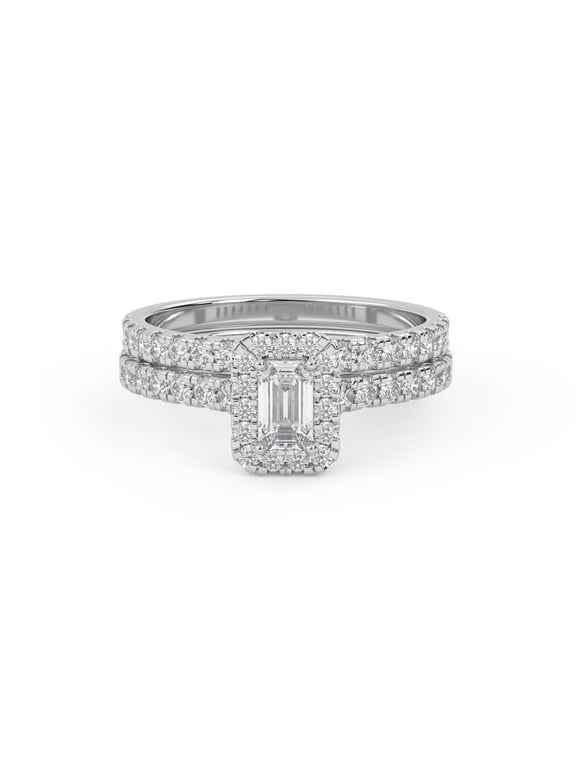 Halo Solitaire Bridal Ring Set for Women Center 5x3mm Emerald and Round Cut Lab Created Moissanite Engagement Wedding Ring In 14K Solid White Gold Size-10