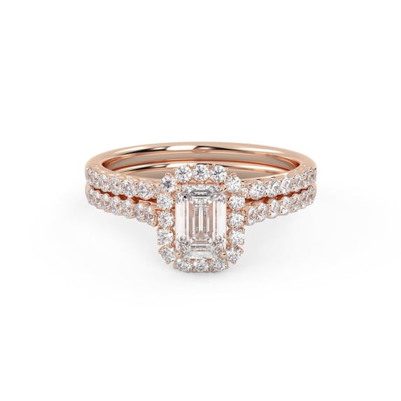 AFFY Halo Solitaire Bridal Ring Set for Women Center 6x4mm Emerald and Round Cut Lab Created Moissanite Engagement Wedding Rings In 14K Solid Rose Gold Size-8.5