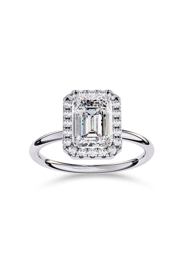 Halo Solitaire Engagement Ring for Women, 1.85 Carat (ctw) Emerald and Round Cut Lab Grown Diamond Ring In 14K White Gold Over Sterling Silver F-G-H, SI Quality Gifts For Her Ring Size-4