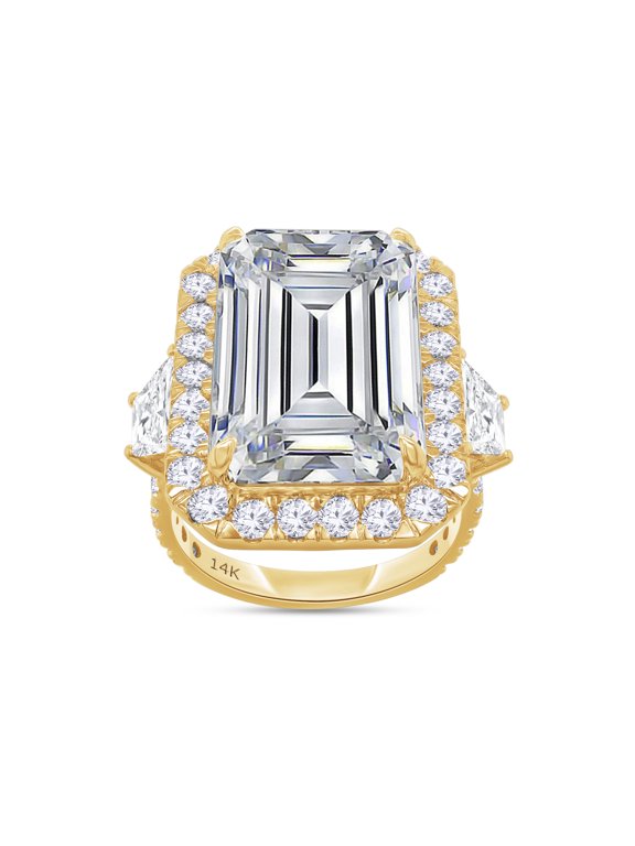 Halo Solitaire Engagement Ring for Women, 14.20 Carat (ctw) Emerald and Round Cut IGI Certified Lab Grown Diamond Ring in 18K Solid Yellow Gold Jewelry Gift for Her Size-4