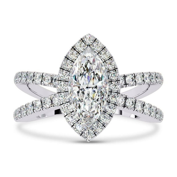 AFFY Halo Solitaire Engagement Ring for Women, Center 10x5mm Marquise Cut Split Shank Wedding Anniversary Rings in 10K Solid White Gold Jewelry Gift for Her, Ring Size-5