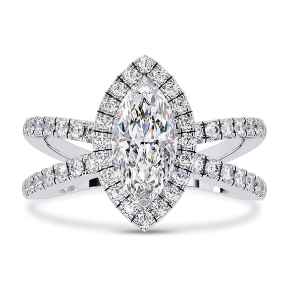 AFFY Halo Solitaire Engagement Ring for Women, Center 10x5mm Marquise Cut Split Shank Wedding Anniversary Rings in 14K Solid White Gold Jewelry Gift for Her, Ring Size-7.5