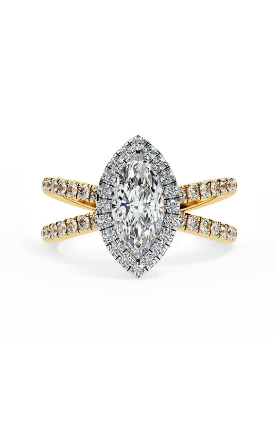 Halo Solitaire Engagement Ring for Women, Center 10x5mm Marquise Cut Split Shank Wedding Anniversary Rings in 14K Solid Yellow Gold Jewelry Gift for Her, Ring Size-10
