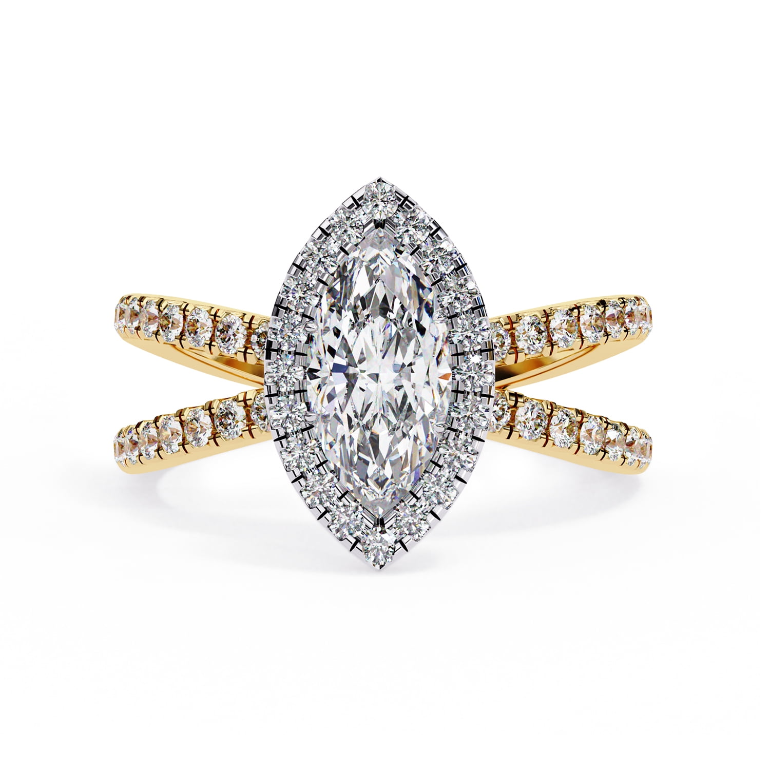 AFFY Halo Solitaire Engagement Ring for Women, Center 10x5mm Marquise Cut Split Shank Wedding Anniversary Rings in 14K Yellow Gold over Sterling Silver Jewelry Gift for Her, Ring Size-6.5