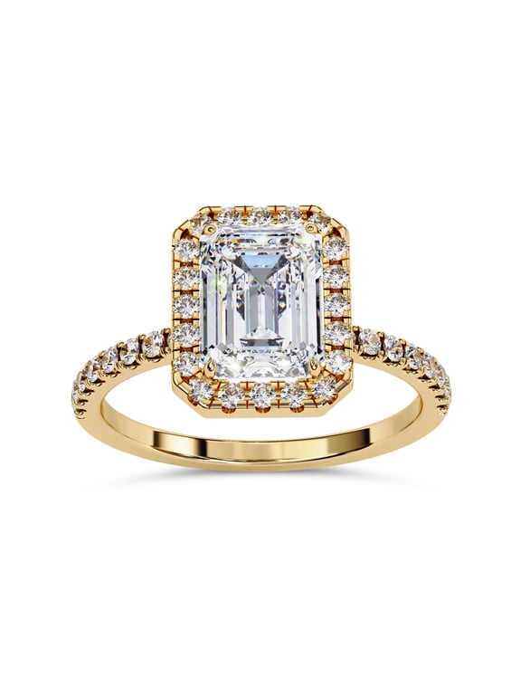 Halo Solitaire Engagement Ring for women, 2.00 Carat (ctw) Emerald and Round Cut Lab Grown Diamond Ring In 14K Yellow Gold Over Sterling Silver F-G-H, SI Quality Gifts For Her Ring Size-4