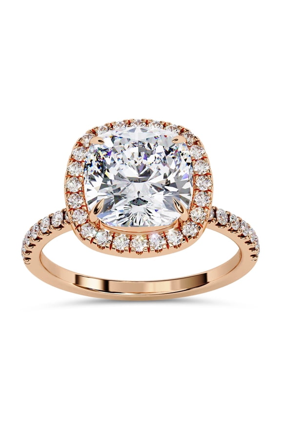 Halo Solitaire Engagement Ring for women, 2.10 Carat (ctw) Cushion and Round Cut Lab Grown Diamond Ring In 14K Rose Gold Over Sterling Silver F-G-H, SI Quality Gifts For Her Ring Size-4