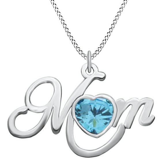 AFFY Heart Cut Simulated Aquamarine Mom Pendant Necklace for Women 14K White Gold over Silver