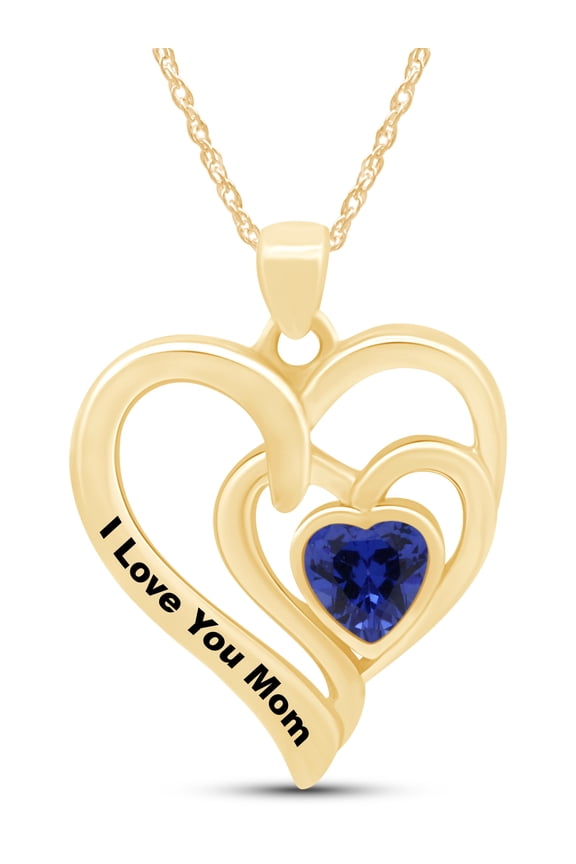 Heart Cut Simulated Blue Sapphire " I LOVE YOU MOM " Double Heart Pendant Necklace In 14k Yellow Gold Over Sterling Silver