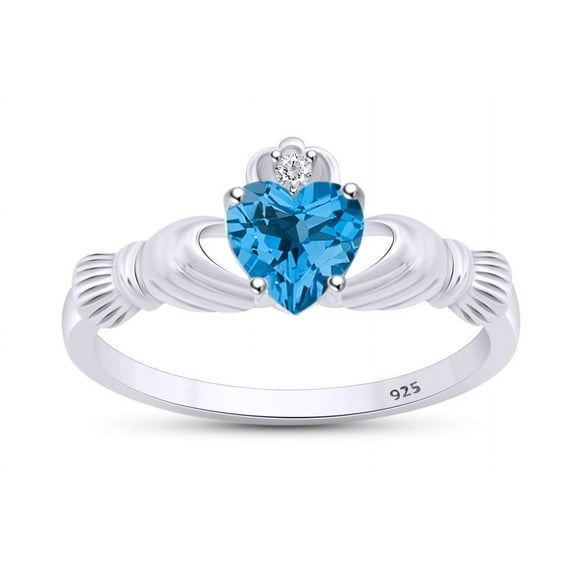 AFFY Heart Cut Simulated Blue Topaz & Cubic Zirconia Claddagh Ring In 14k White Gold Over Sterling Silver Jewelry Gift For Her Ring Size-5.5