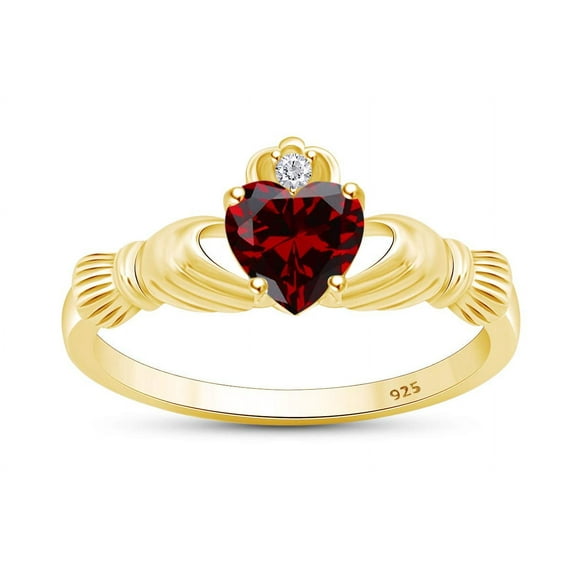 AFFY Heart Cut Simulated Garnet & Cubic Zirconia Claddagh Ring In 14k Yellow Gold Over Sterling Silver Jewelry Gift For Her Ring Size-7