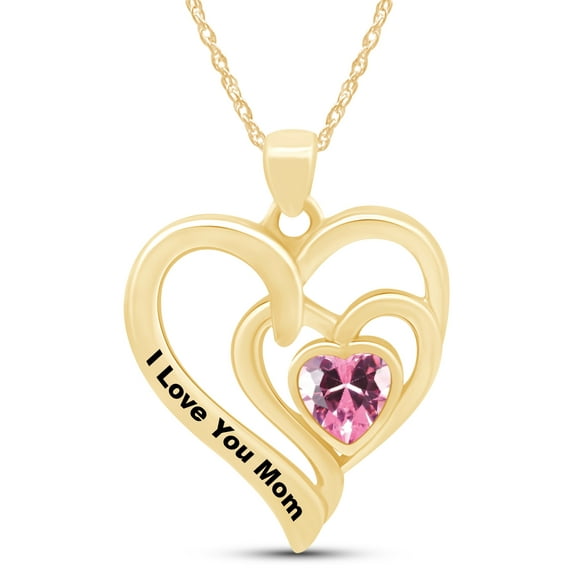 AFFY Heart Cut Simulated Tourmaline " I LOVE YOU MOM " Double Heart Pendant Necklace In 14k Yellow Gold Over Sterling Silver