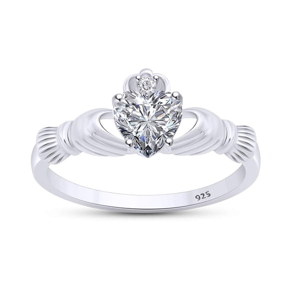 AFFY Heart & Round Cut White Cubic Zirconia Claddagh Ring In 14k White Gold Over Sterling Silver Jewelry Gift For Her Ring Size-11.5
