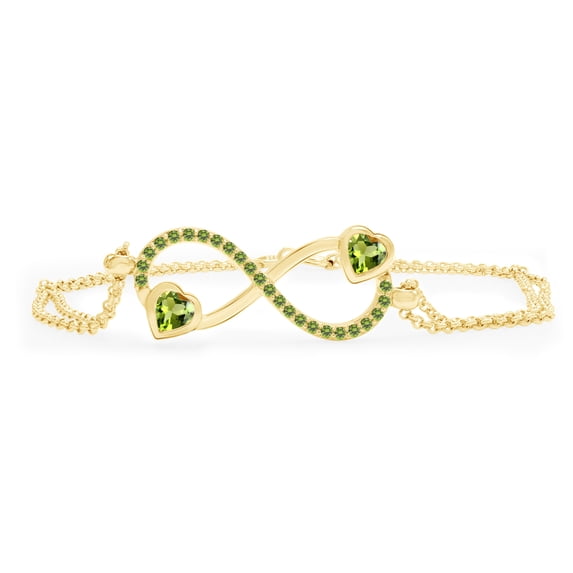 AFFY Heart & Round Shape Simulated Peridot Infinity Heart Chain Bracelets In 14k Yellow Gold Over Sterling Silver -8.5"