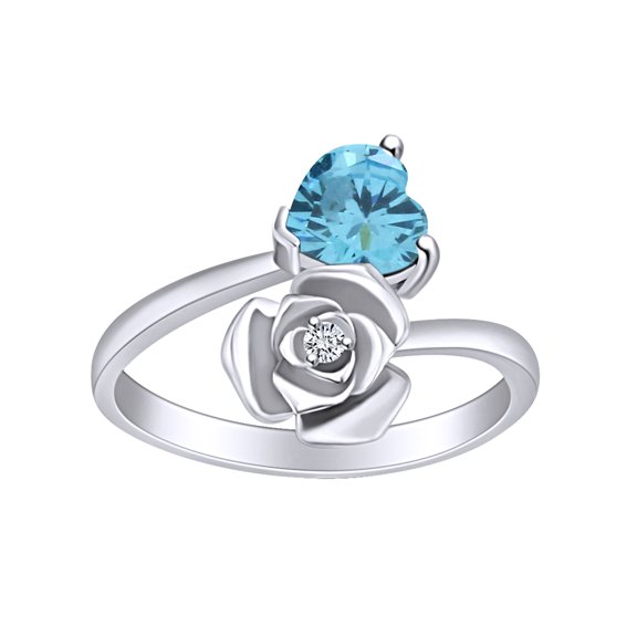AFFY Heart Shape Simulated Aquamarine & White Cubic Zirconia 14k White Gold Over Sterling Silver Promise Ring