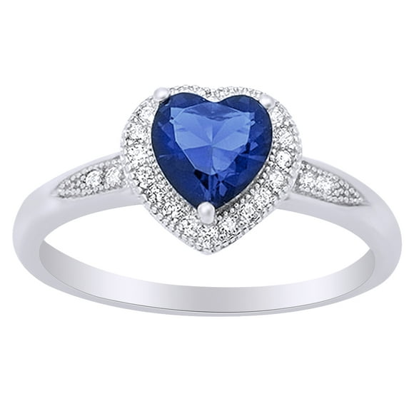 AFFY Heart Shape Simulated Blue Sapphire & Cubic Zirconia Halo Promise Ring for Women 14K White Gold over Silver-10.5