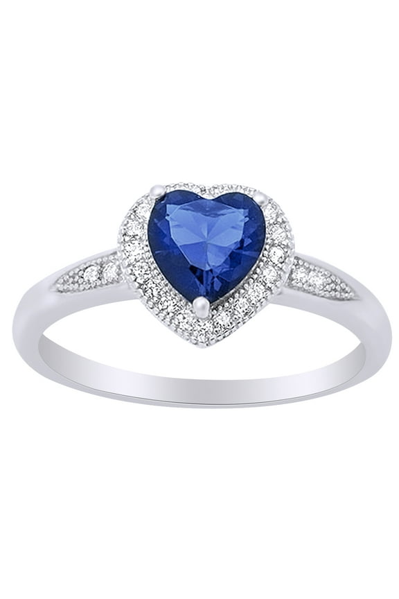 Heart Shape Simulated Blue Sapphire & Cubic Zirconia Halo Promise Ring for Women 14K White Gold over Silver-7.5