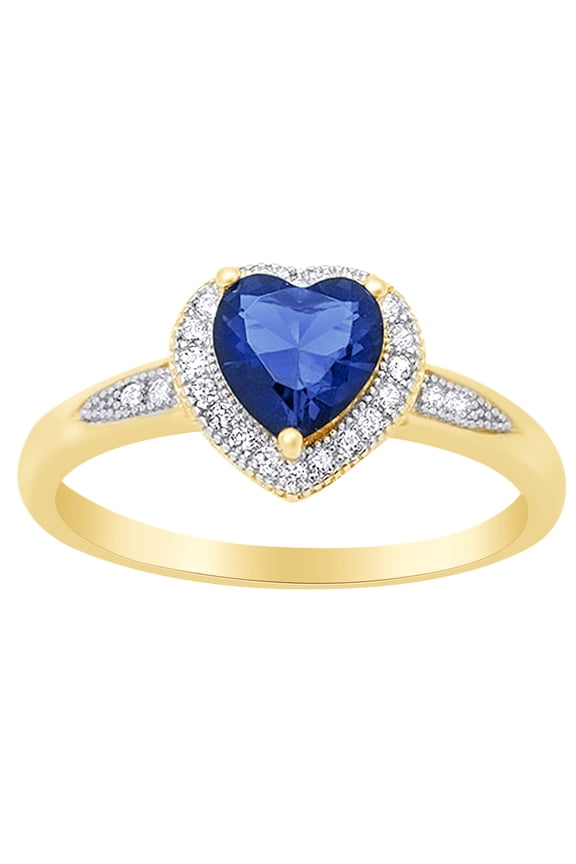 Heart Shape Simulated Blue Sapphire & Cubic Zirconia Halo Promise Ring for Women 14K Yellow Gold over Silver-6.5