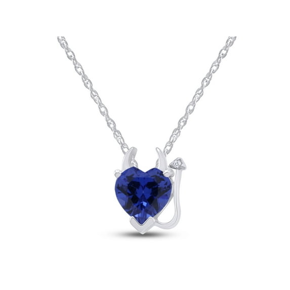 AFFY Heart Shape Simulated Blue Sapphire & White Diamond Accent Devil Heart Shape Pendant Necklace In 14K Solid White Gold With 18" Rope Chain