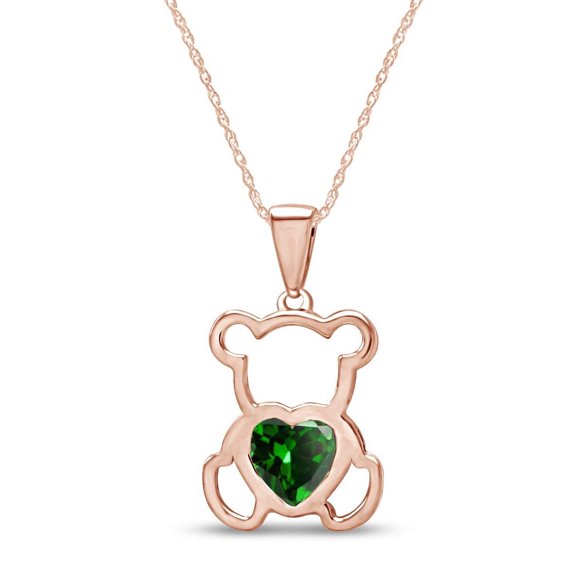 AFFY Heart Shape Simulated Emerald 14K Rose Gold Over Sterling Silver Cute Teddy Bear Love Heart Pendant Necklace