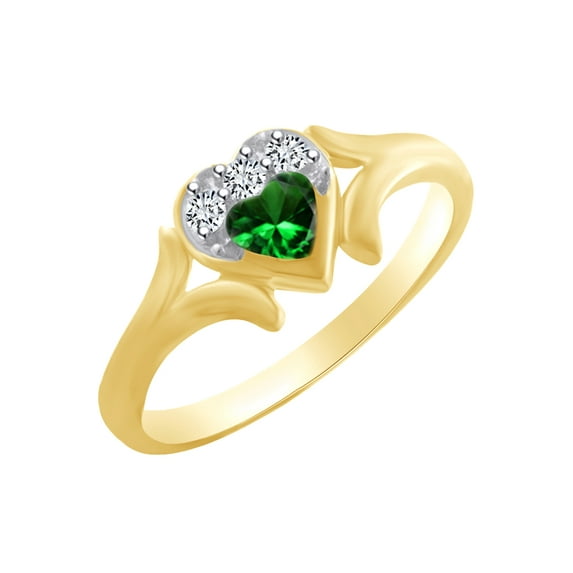 AFFY Heart Shape Simulated Emerald & White Cubic Zirconia Heart Promise Ring In 14k Yellow Gold Over Sterling Silver Ring Size-9