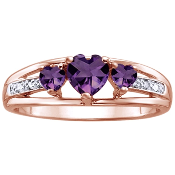 AFFY Heart Shaped Simulated Amethyst & White Cubic Zirconia Three Stone Heart Ring In 14k Rose Gold OVer Sterling Silver