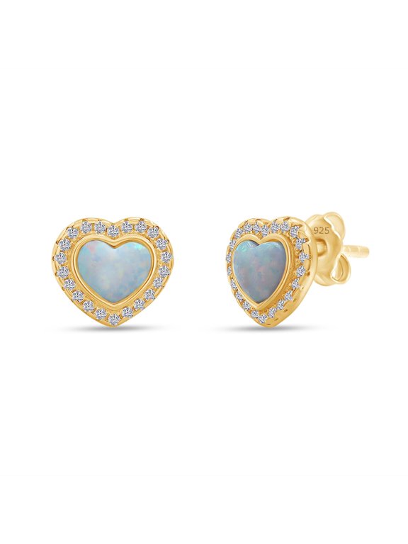 Heart Simulated Opal & Round Shape White Cubic Zirconia Halo Heart Stud Earrings In 14K Yellow Gold Over Sterling Silver With Push Back Jewelry For Women