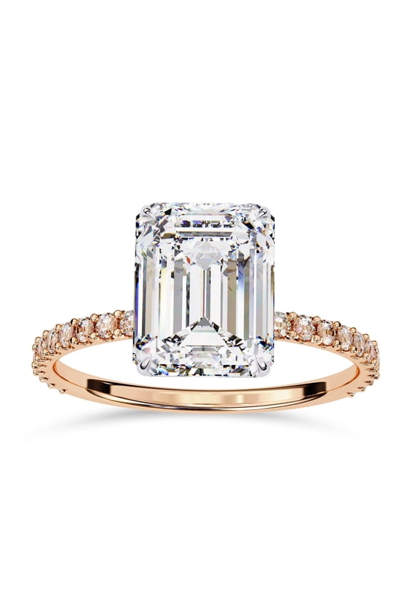 Hidden Halo Engagement Ring for Women, 2.85 Carat (ctw) Emerald and Round Cut Lab Grown Diamond Solitaire Ring In 14K Rose Gold Over Sterling Silver F-G-H, SI Quality Ring Size-4