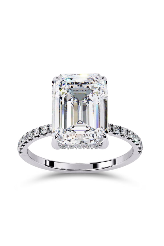 Hidden Halo Solitaire Engagement Ring for Women, 2.75 Carat (ctw) Emerald and Round Cut Lab Grown Diamond Ring In 14K White Gold Over Sterling Silver F-G-H, SI Quality Ring Size-4