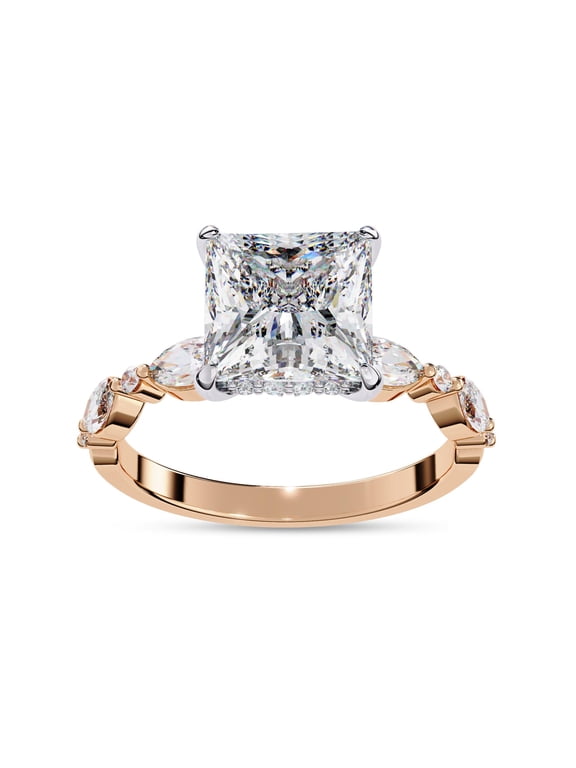 Hidden Halo Solitaire Engagement Ring for Women Center 7.5MM Princess Shape Lab Created Moissanite Rings Jewelry Gift for Her In 14K Rose Gold Over Sterling Silver Size 6