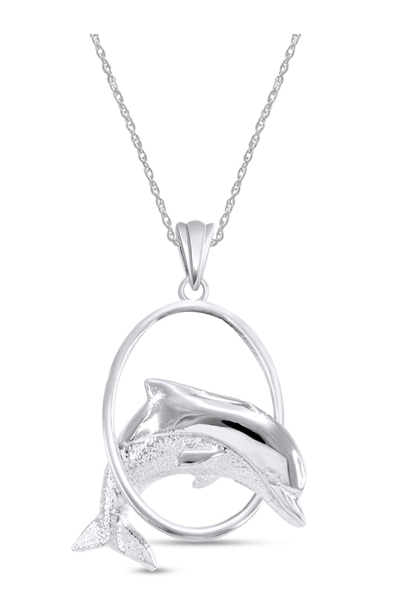 Hoop Jumping Dolphin Pendant Necklace In 14K Gold Plated 925 Sterling Silver 18" Chain