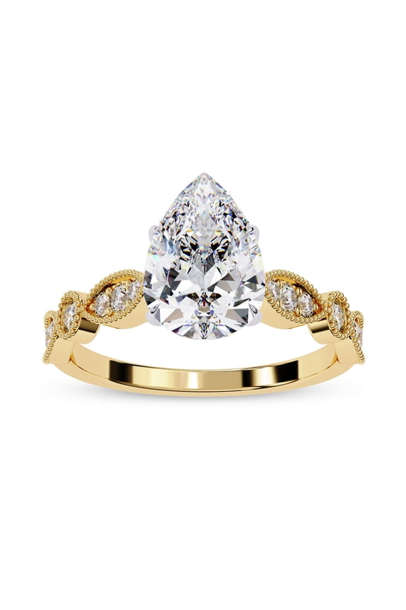 IGI Certified Lab Grown Diamond Engagement Ring | Center 8x6mm Pear Cut Beaded Solitaire Stackable Promise Rings For Women In 14k Solid Yellow Gold | F-G, VS-SI Quality (1.15 Ctw)-6