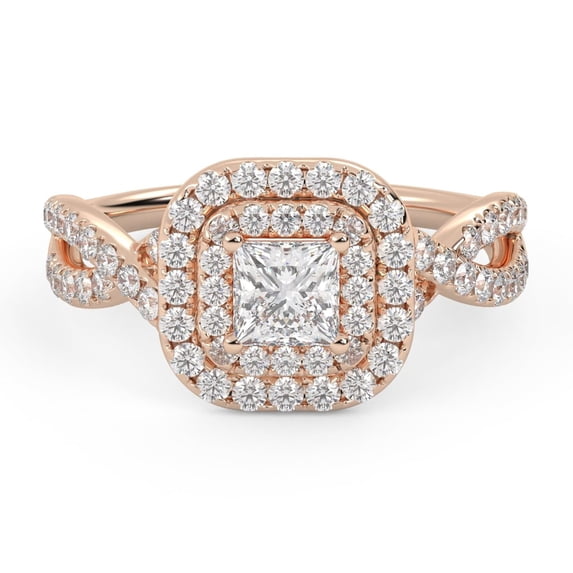 AFFY Infinity Double Halo Solitaire Engagement Ring for Women, Center 4MM Princess and Round Lab Created Moissanite Ring In 14K Solid Rose Gold Size 9