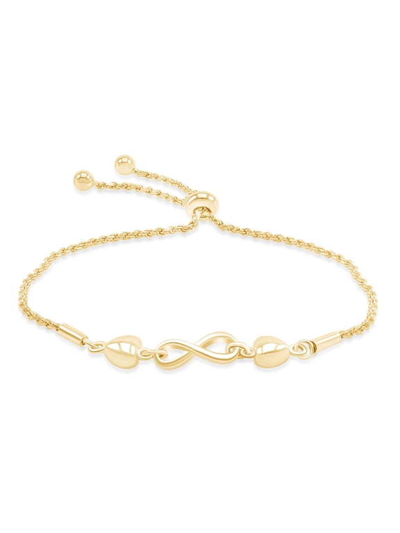 Infinity Double Heart Adjustable Bolo Bracelet 14K Yellow Gold over Silver for women