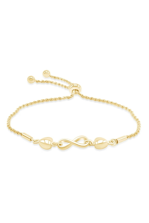 Infinity Double Heart Adjustable Bolo Bracelet 14K Yellow Gold over Silver for women